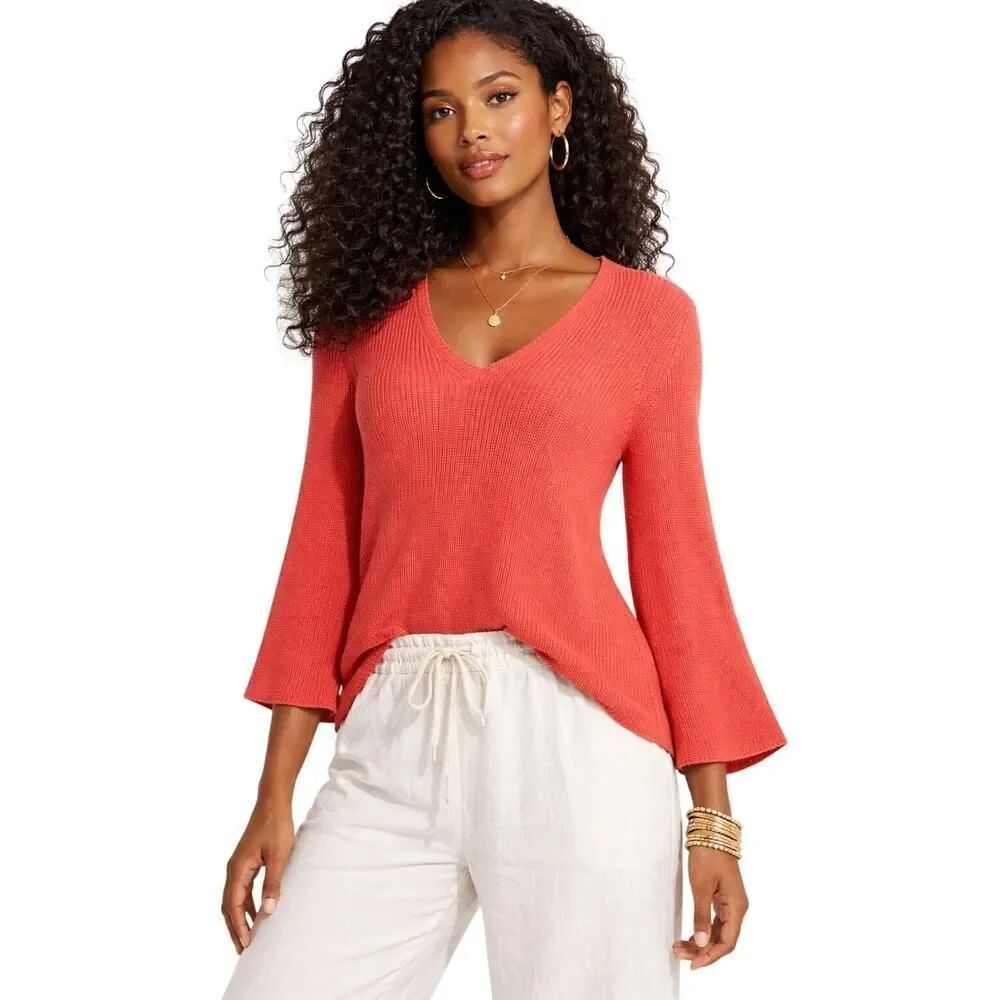 ELLIOTT LAUREN Women's V-Neck 3/4 Sleeve Knit Pullover Sweater Coral Size XS